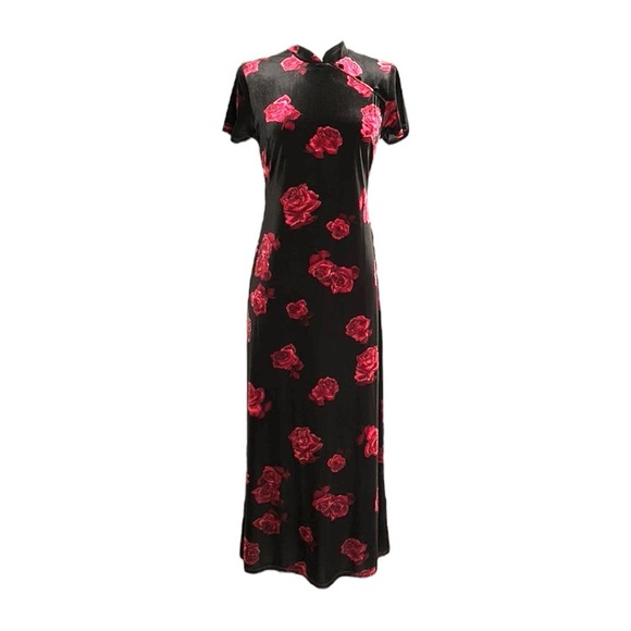 CDC Vintage 90s Dark Floral Velvet Asian Inspired Maxi Dress Black Goth Size 8 - Picture 1 of 14